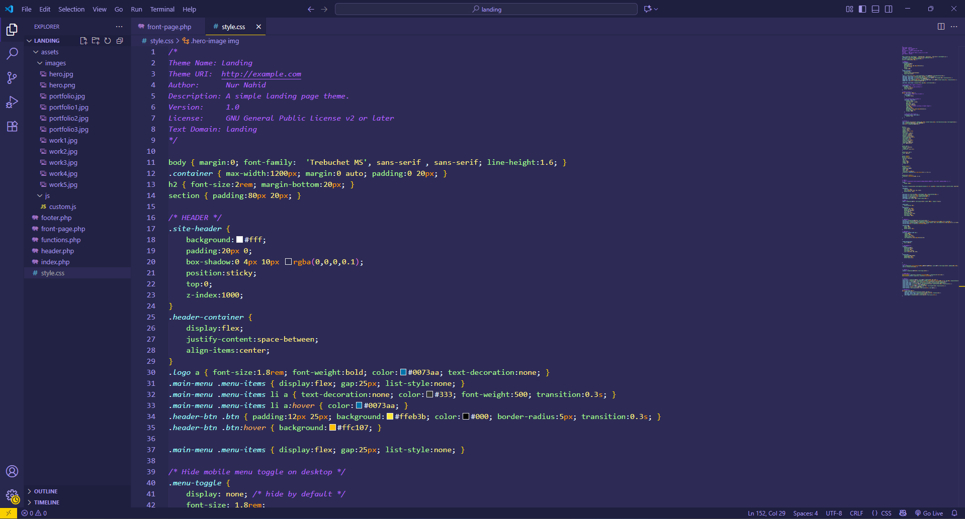 a picture of vs code  wordpress theme development