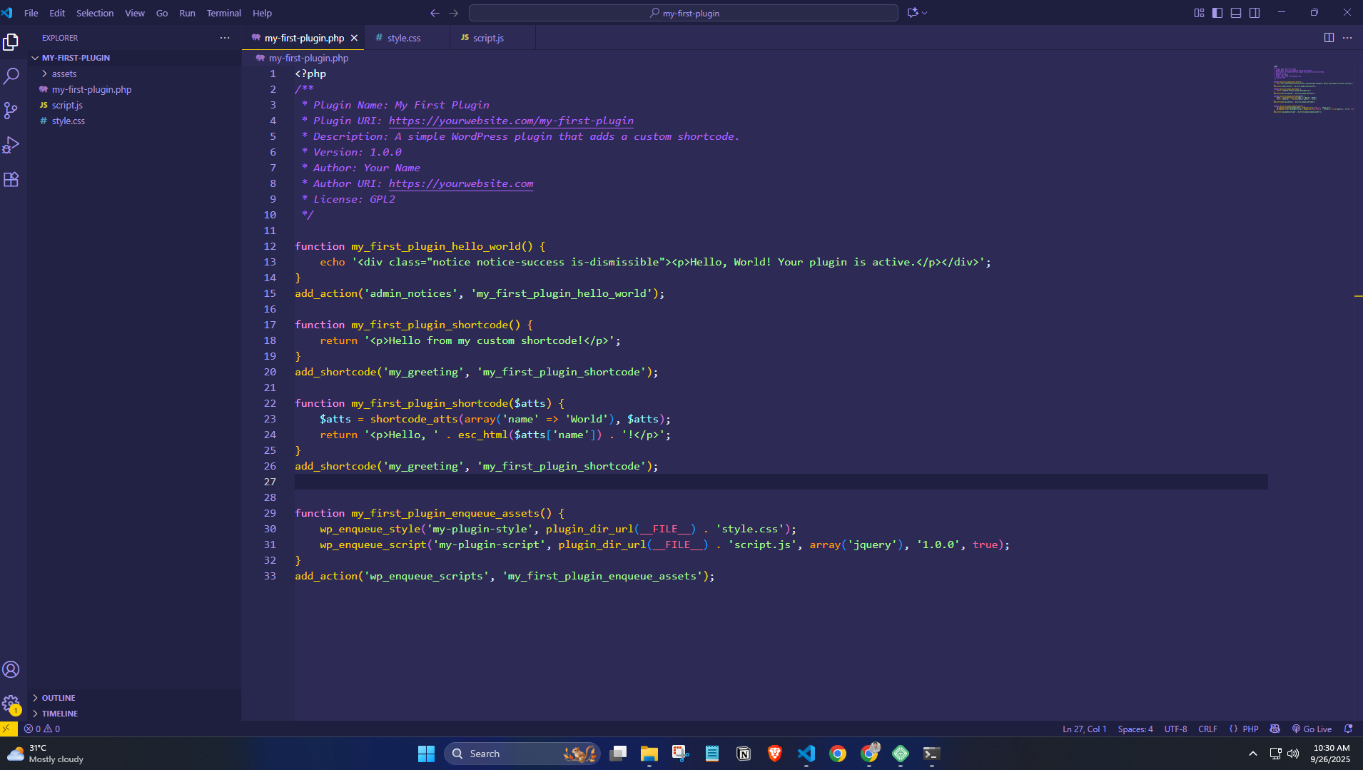 Image of the wp plugin enqueue code in vs code. How to Create a WordPress Plugin