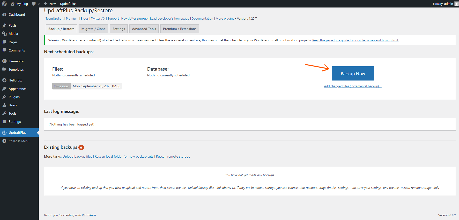 UpdraftPlus backup configuration screen with schedule and storage options