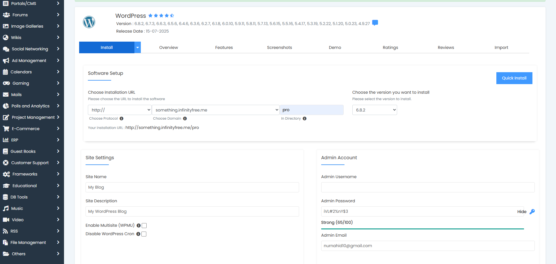 installing wordpress from cpanel