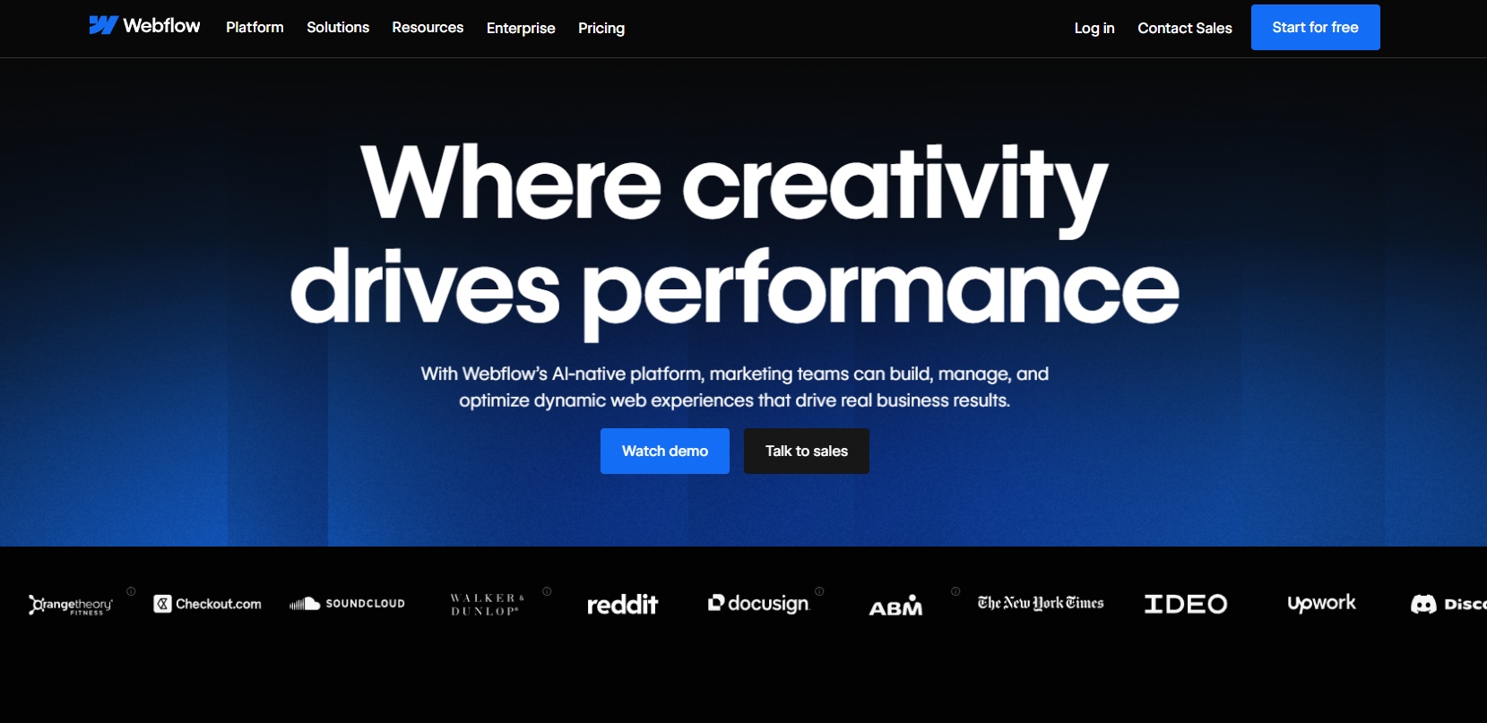 a screenshot of webflow website homepage for the blog post of WordPress vs Webflow