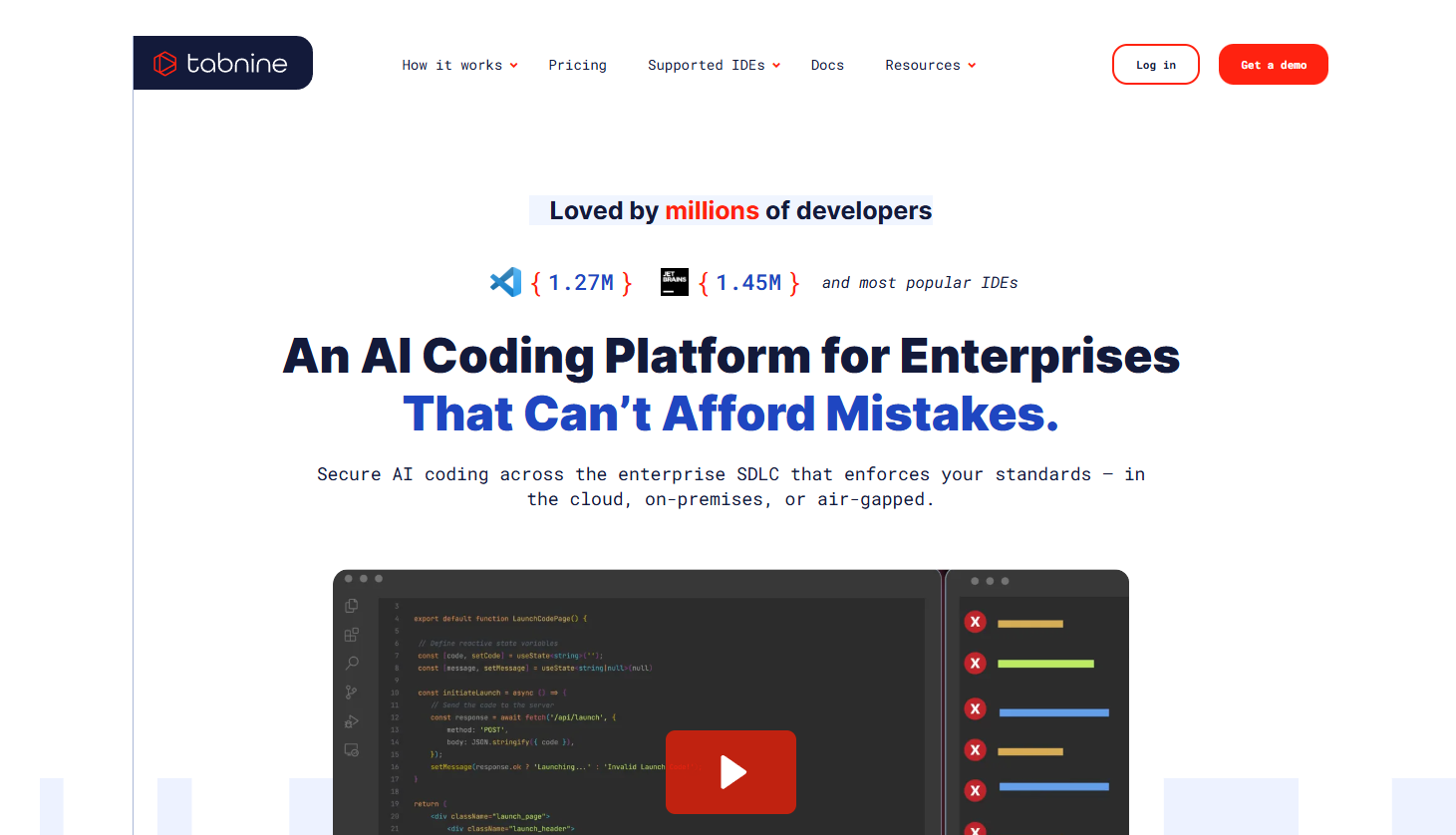 Tabnine suggestions appearing in an IDE with a focus on privacy and local processing.