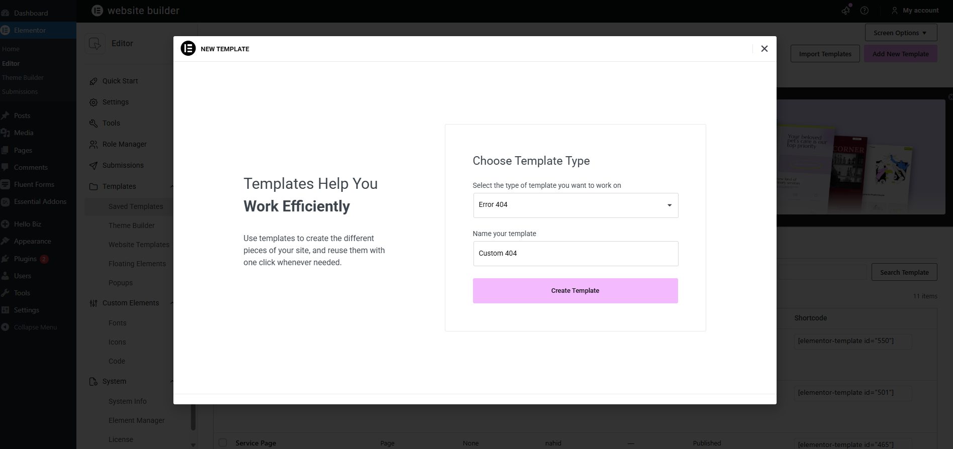 A screenshot of the Elementor page builder showing the 404 template creation.