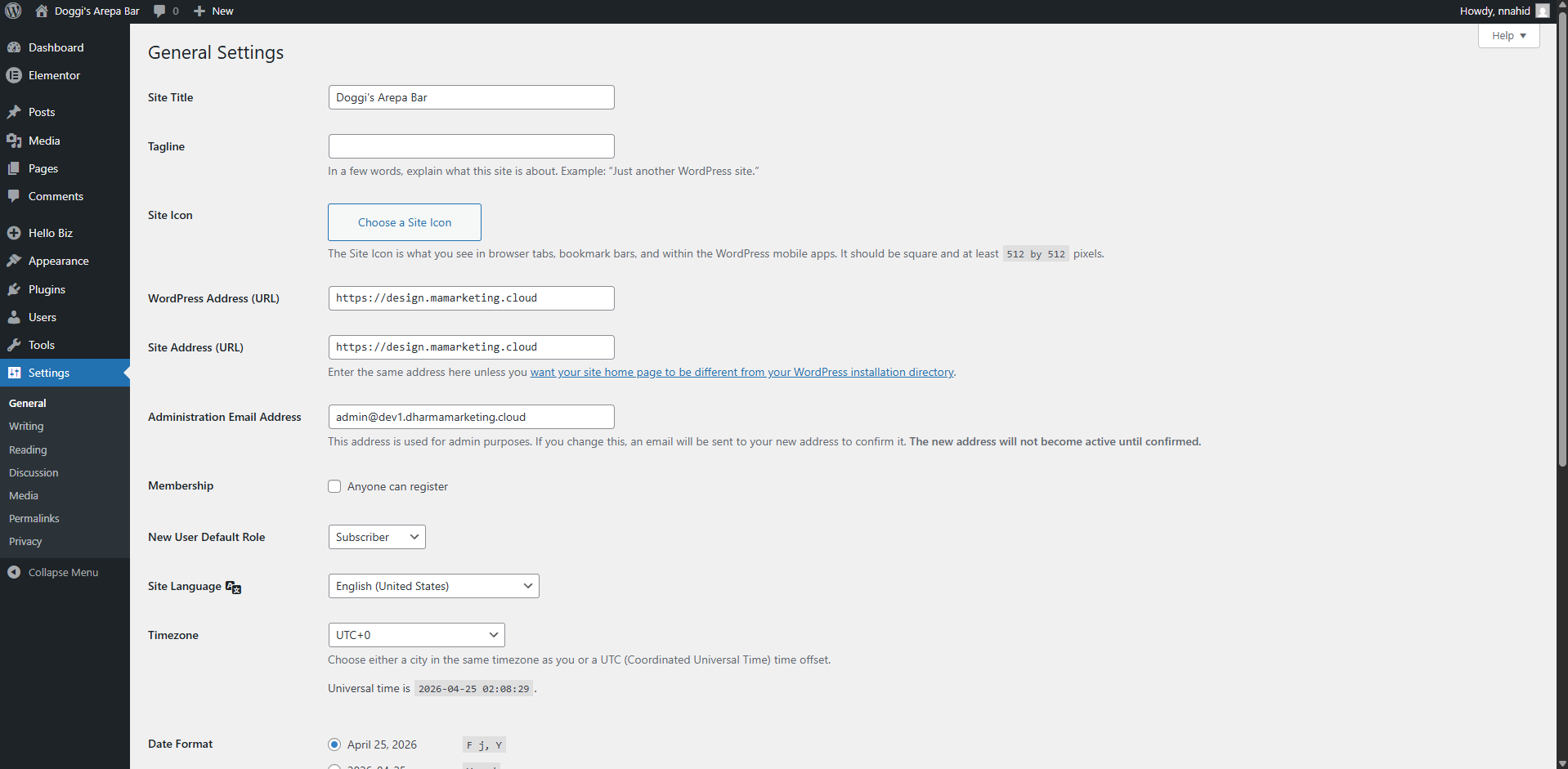 WordPress General Settings page showing Site Address and WordPress Address fields"
