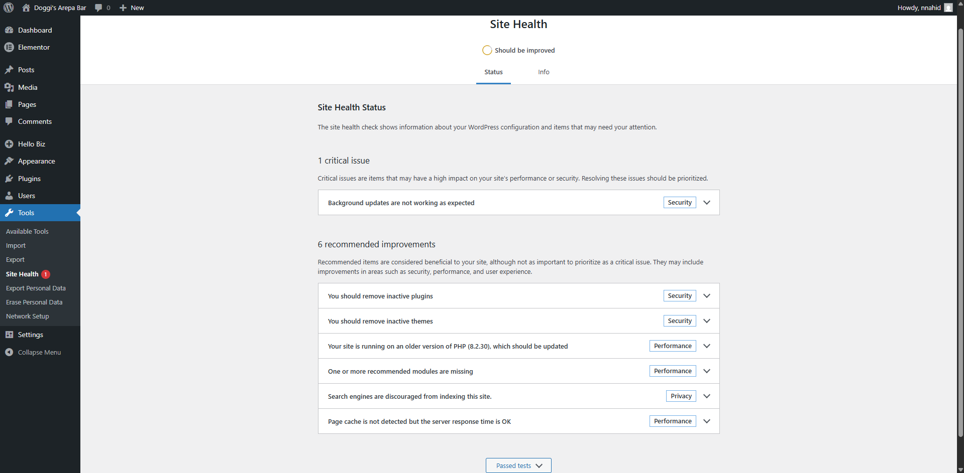 WordPress Site Health tool showing REST API status check