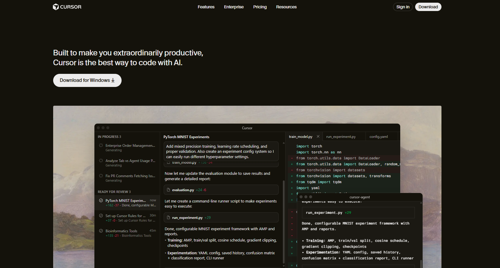 A screenshot of the Cursor AI code editor showing a chat sidebar and code suggestions.