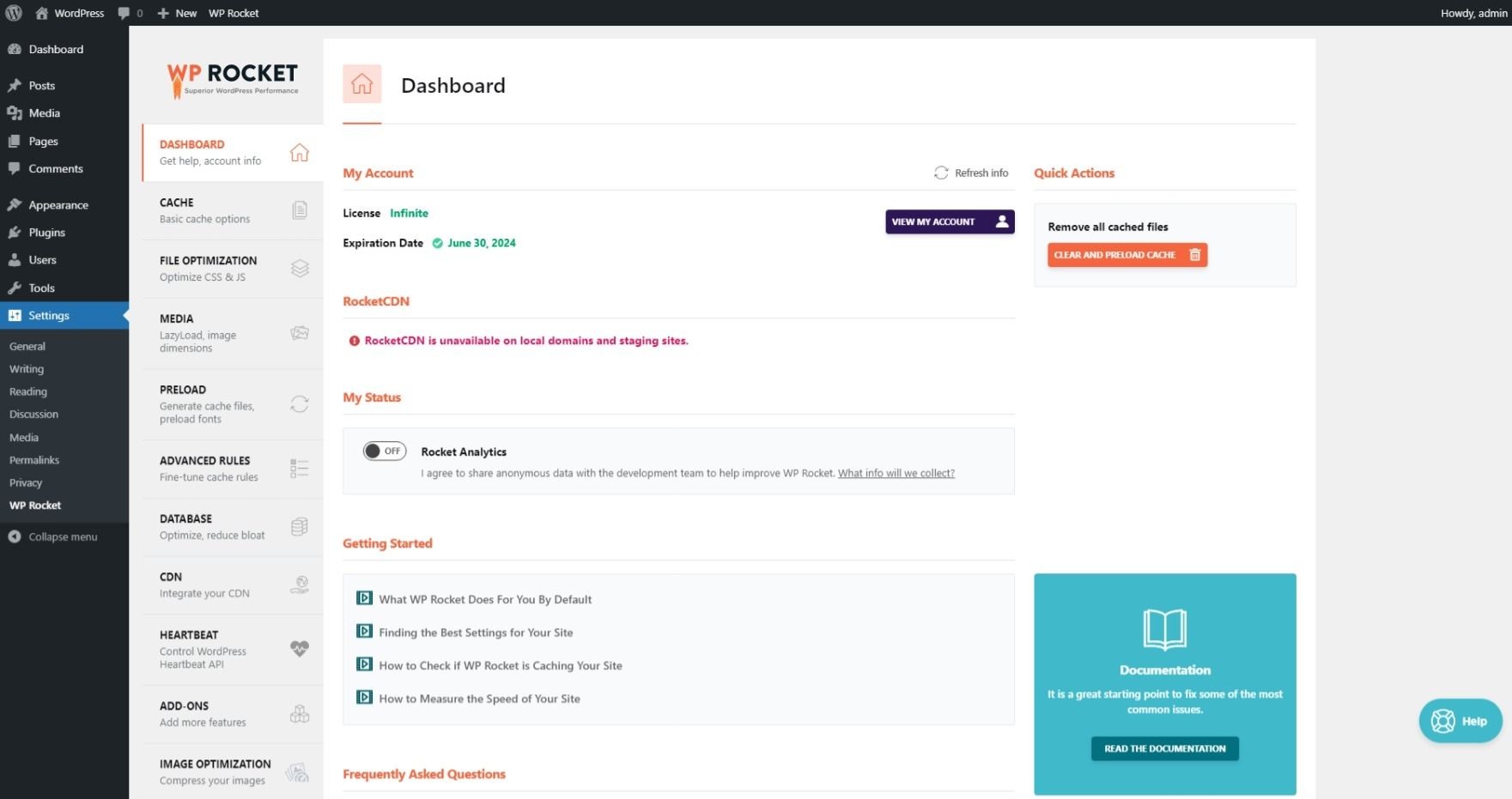 WP Rocket performance optimization panel with caching options