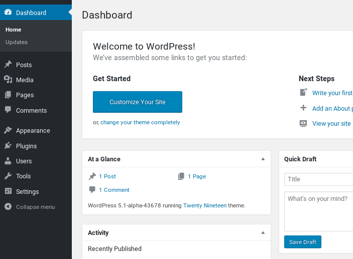 WordPress 5 Dashboard